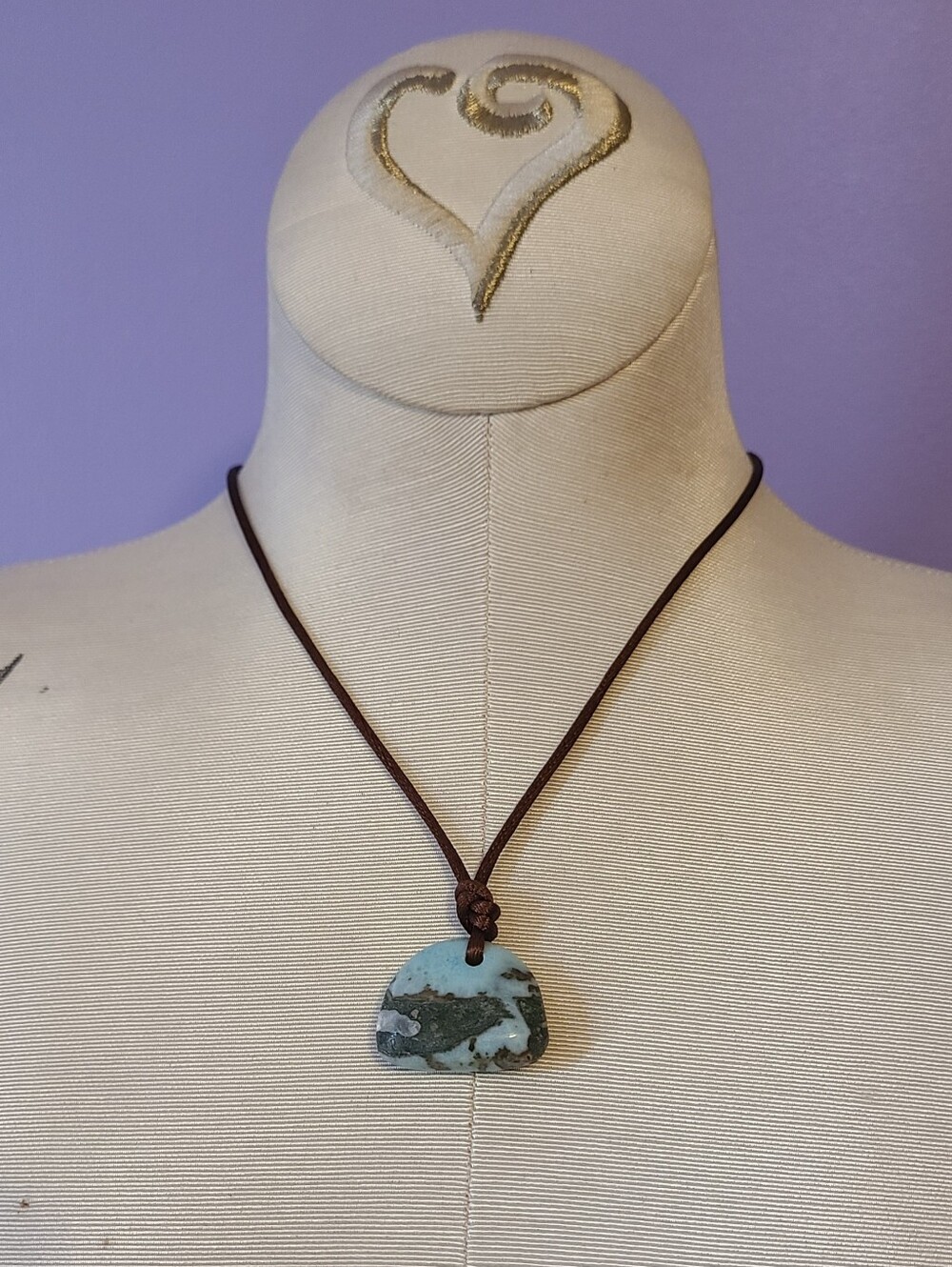 Necklace Stone Or Rock Turquoise And Gray With Brown Ribbon Chain